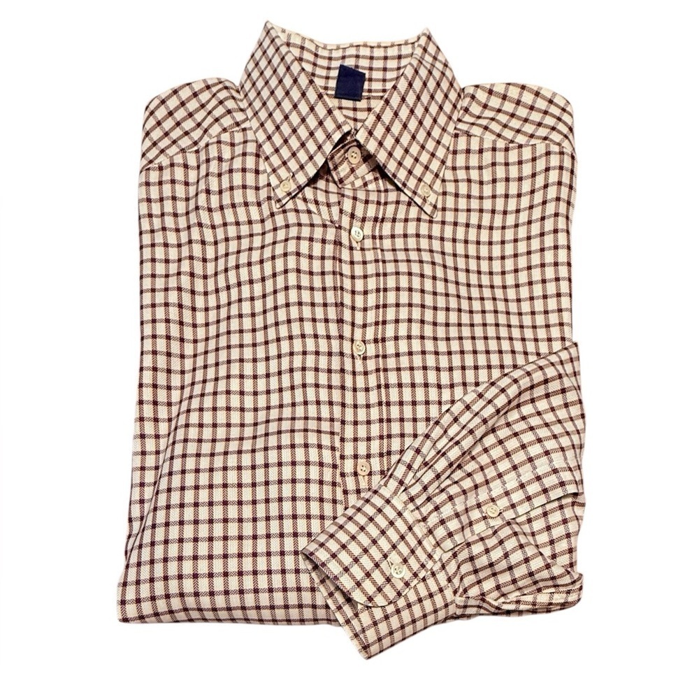 Jeff Rose 100% Cotton Golf Button Down Shirt Cream/Brown Check Plaid Large
